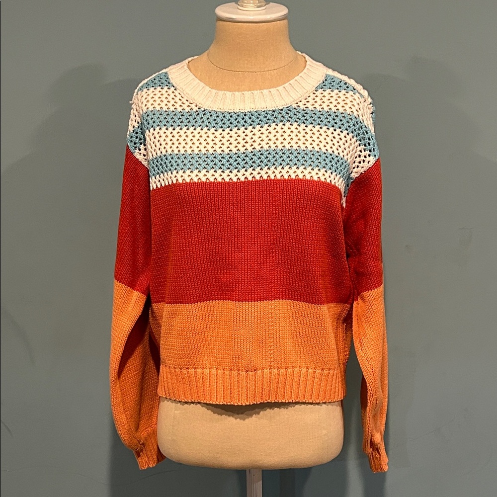 American Eagle Striped Open Weave Sweater XS Orange White Blue Crew Neck